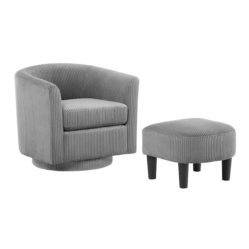 Fauteuil d'appoint pivotant en velours côtelé gris avec ottoman