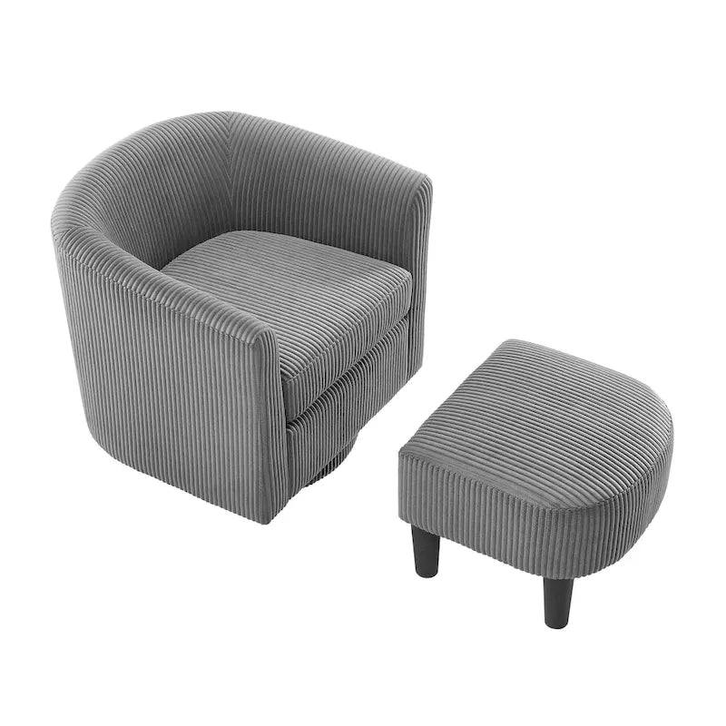 Fauteuil d'appoint pivotant en velours côtelé gris avec ottoman