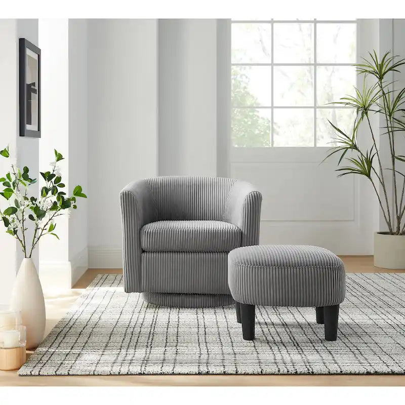 Fauteuil d'appoint pivotant en velours côtelé gris avec ottoman