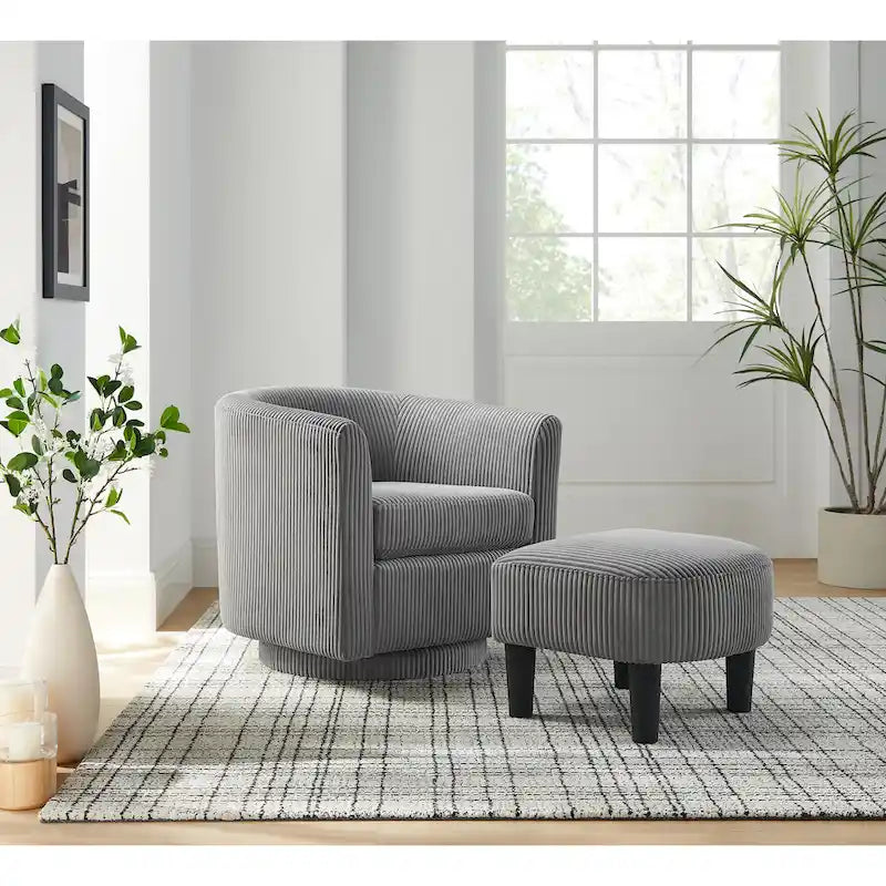 Fauteuil d'appoint pivotant en velours côtelé gris avec ottoman
