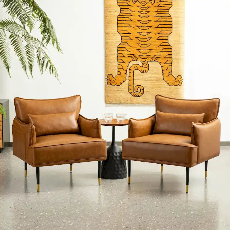 Lot de 2 fauteuils en similicuir style Mid-Century avec pochette latérale - 75 cm L x 81 cm H x 73 cm P