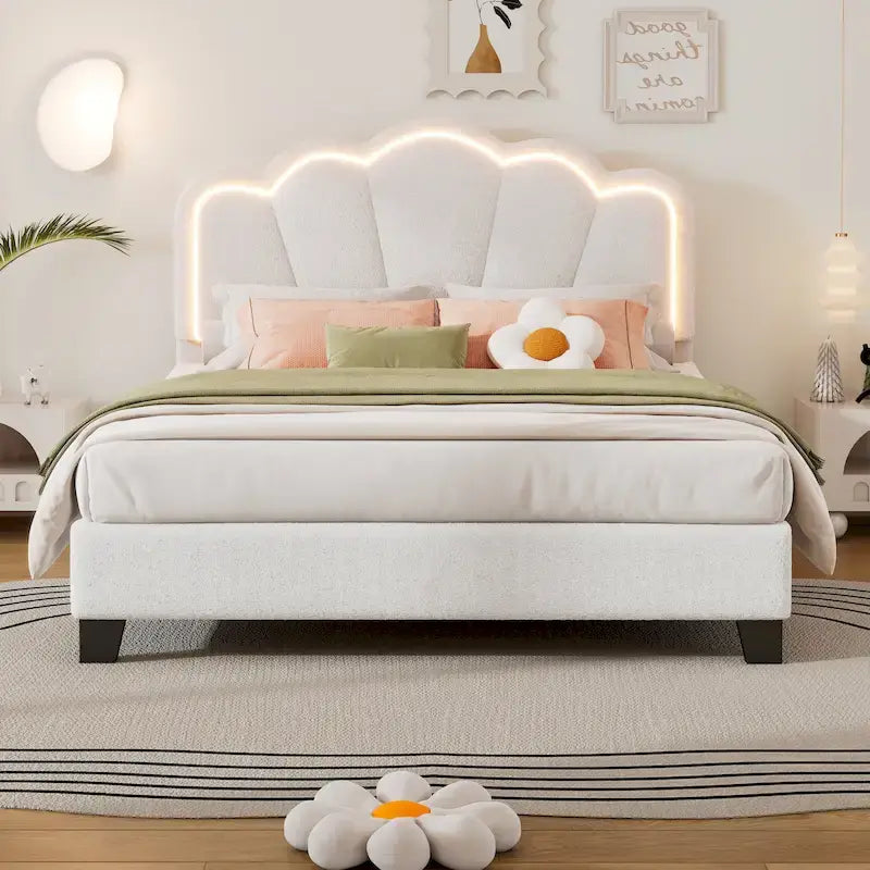 Lit rembourré sherpa grand format avec tête de lit florale à LED