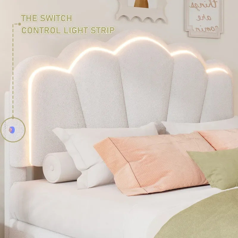 Lit rembourré sherpa grand format avec tête de lit florale à LED