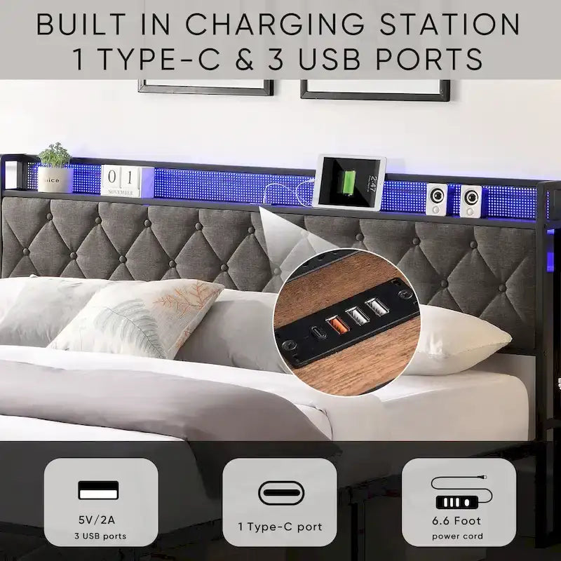 Lit plateforme capitonné King Size avec tête de lit LED et rangement