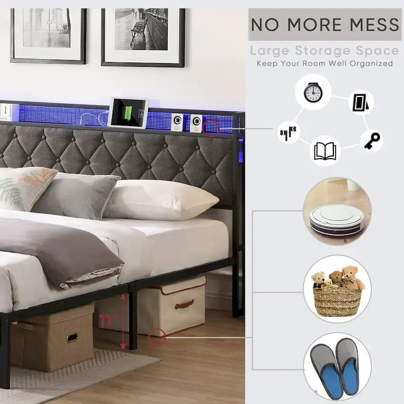Lit plateforme capitonné King Size avec tête de lit LED et rangement