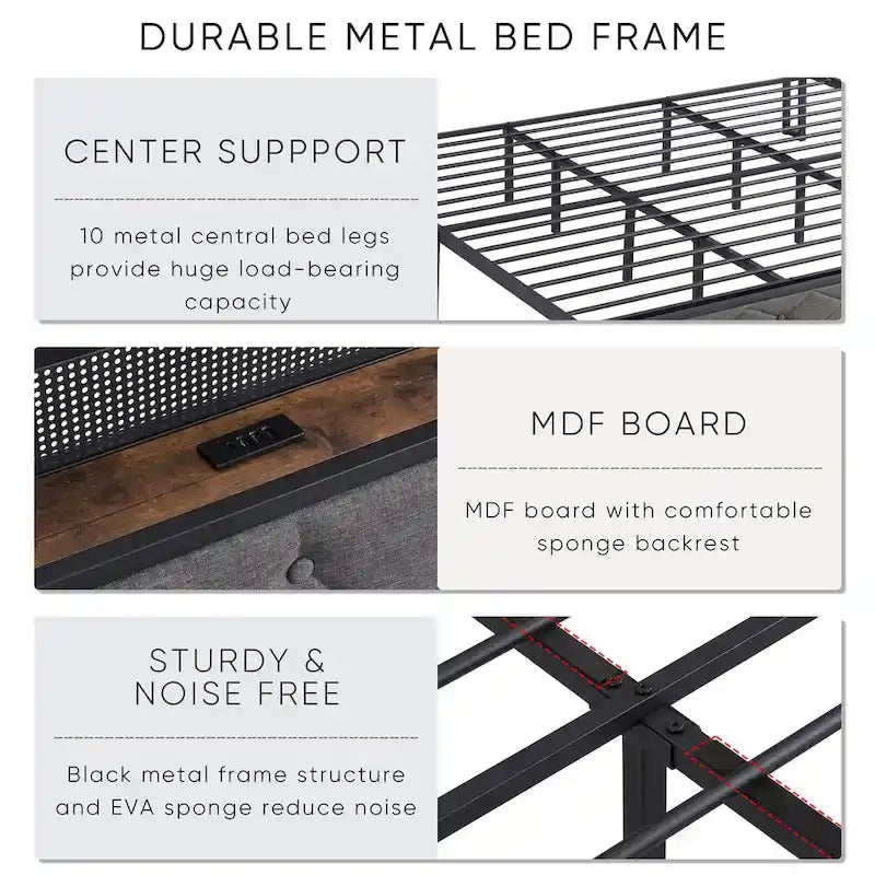Lit plateforme capitonné King Size avec tête de lit LED et rangement
