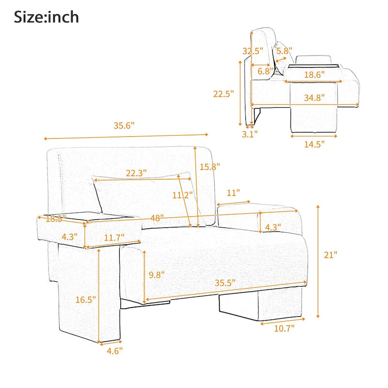 Fauteuil surdimensionné avec rangement et accoudoir asymétrique
