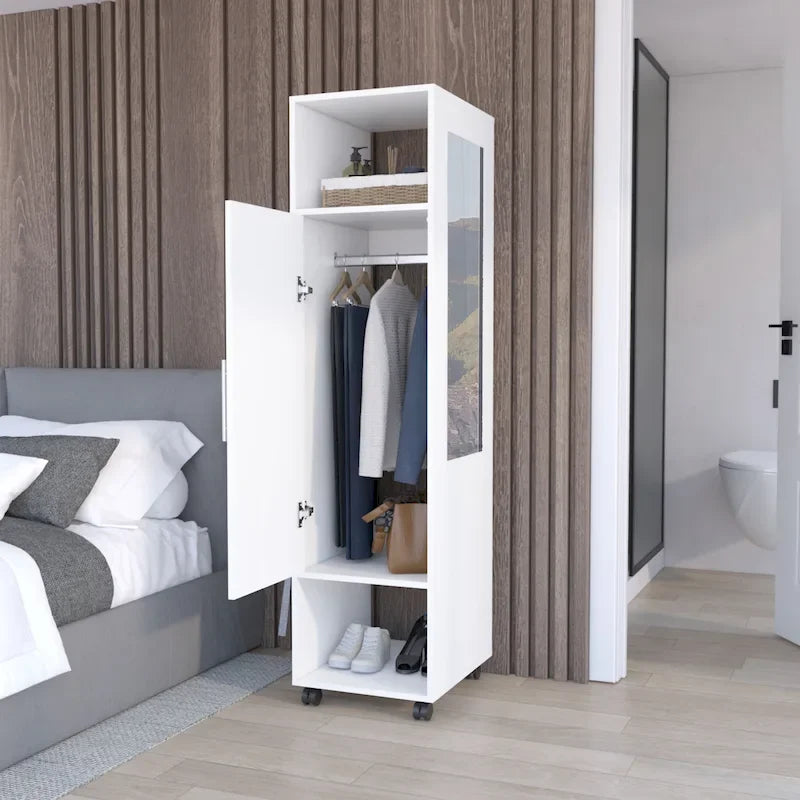 Armoire-miroir de 40 cm avec trois étagères, roulettes et tringle de suspension
