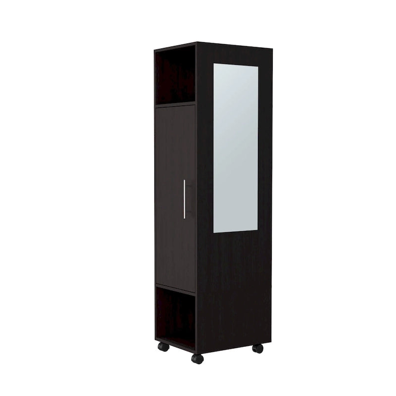 Armoire-miroir de 40 cm avec trois étagères, roulettes et tringle de suspension