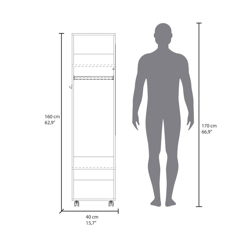 Armoire-miroir de 40 cm avec trois étagères, roulettes et tringle de suspension