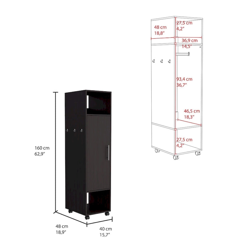 Armoire-miroir de 40 cm avec trois étagères, roulettes et tringle de suspension