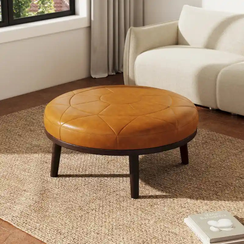Ottoman carré en cuir de 34,5 po avec pieds en bois massif, marron