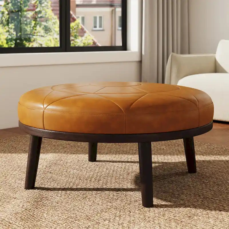 Ottoman carré en cuir de 34,5 po avec pieds en bois massif, marron