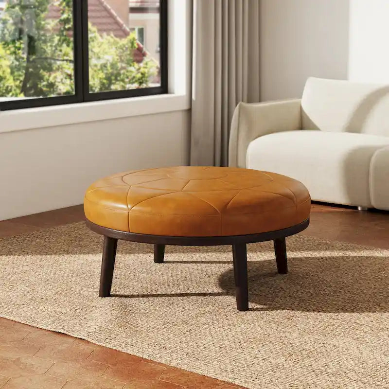 Ottoman carré en cuir de 34,5 po avec pieds en bois massif, marron