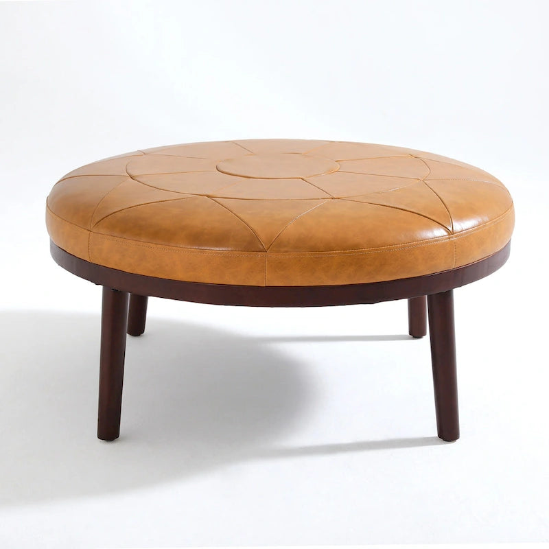 Ottoman carré en cuir de 34,5 po avec pieds en bois massif, marron