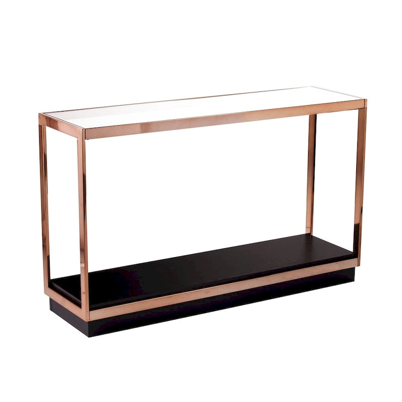 Console moderne en métal couleur champagne avec plateau en verre