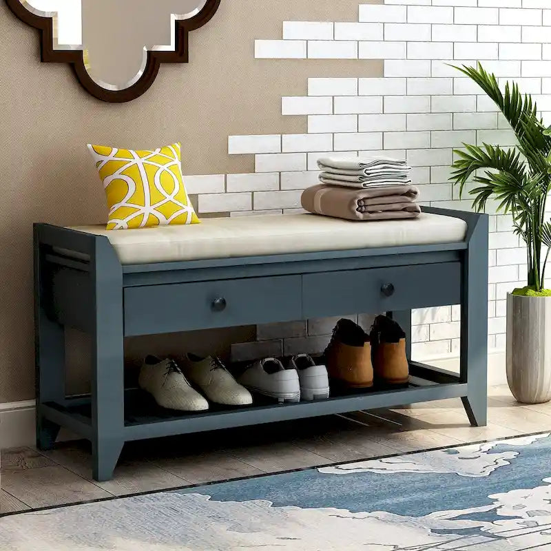 Banc de rangement d'entrée avec siège rembourré, tiroirs et étagère à chaussures