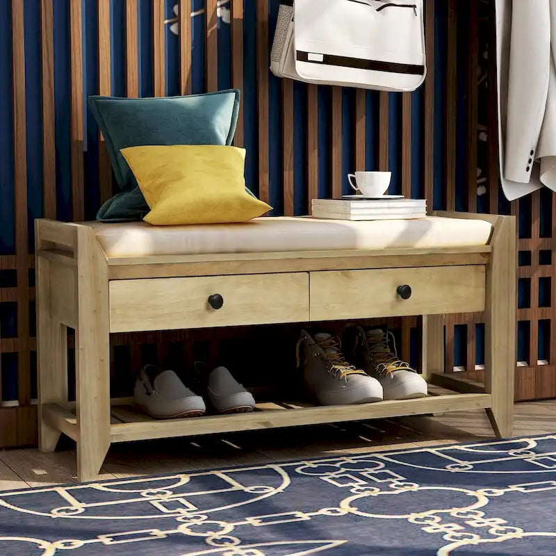 Banc de rangement d'entrée avec siège rembourré, tiroirs et étagère à chaussures