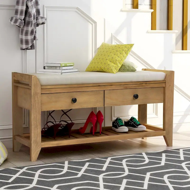 Banc de rangement d'entrée avec siège rembourré, tiroirs et étagère à chaussures