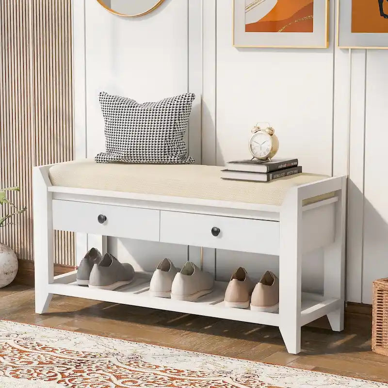 Banc de rangement d'entrée avec siège rembourré, tiroirs et étagère à chaussures