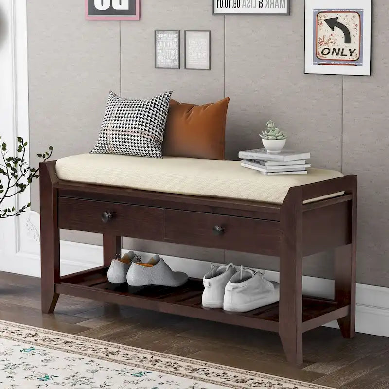 Banc de rangement d'entrée avec siège rembourré, tiroirs et étagère à chaussures