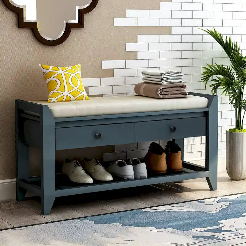 Banc de rangement d'entrée avec siège rembourré, tiroirs et étagère à chaussures