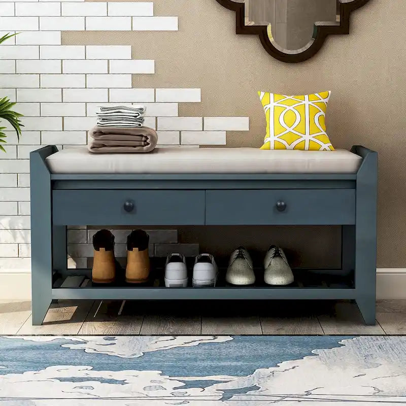 Banc de rangement d'entrée avec siège rembourré, tiroirs et étagère à chaussures