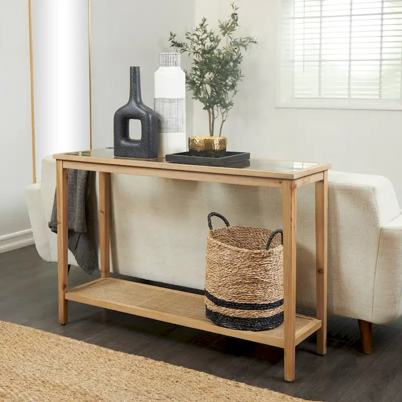 Console étroite en bois avec plateau en verre et étagère en rotin - Marron - 14lx47Px32H