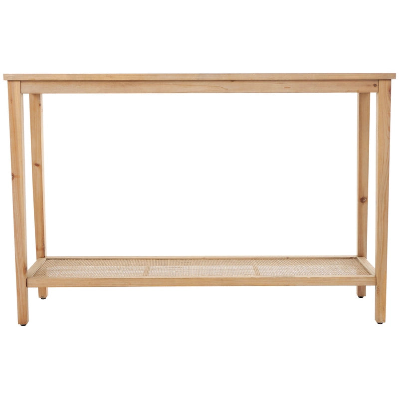 Console étroite en bois avec plateau en verre et étagère en rotin - Marron - 14lx47Px32H
