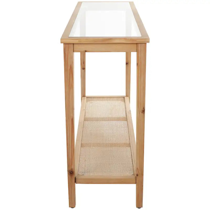 Console étroite en bois avec plateau en verre et étagère en rotin - Marron - 14lx47Px32H