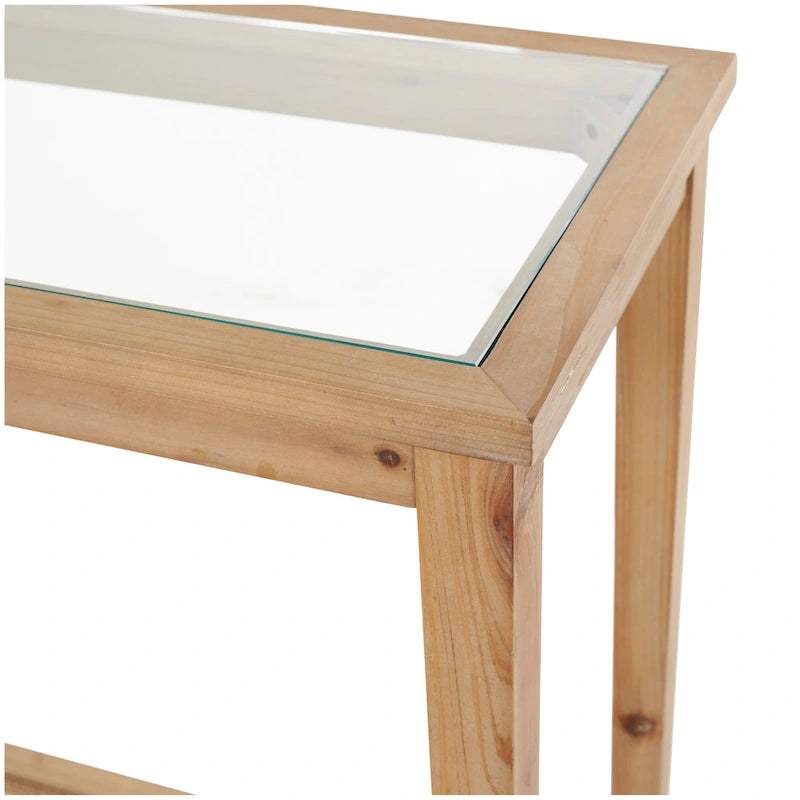 Console étroite en bois avec plateau en verre et étagère en rotin - Marron - 14lx47Px32H
