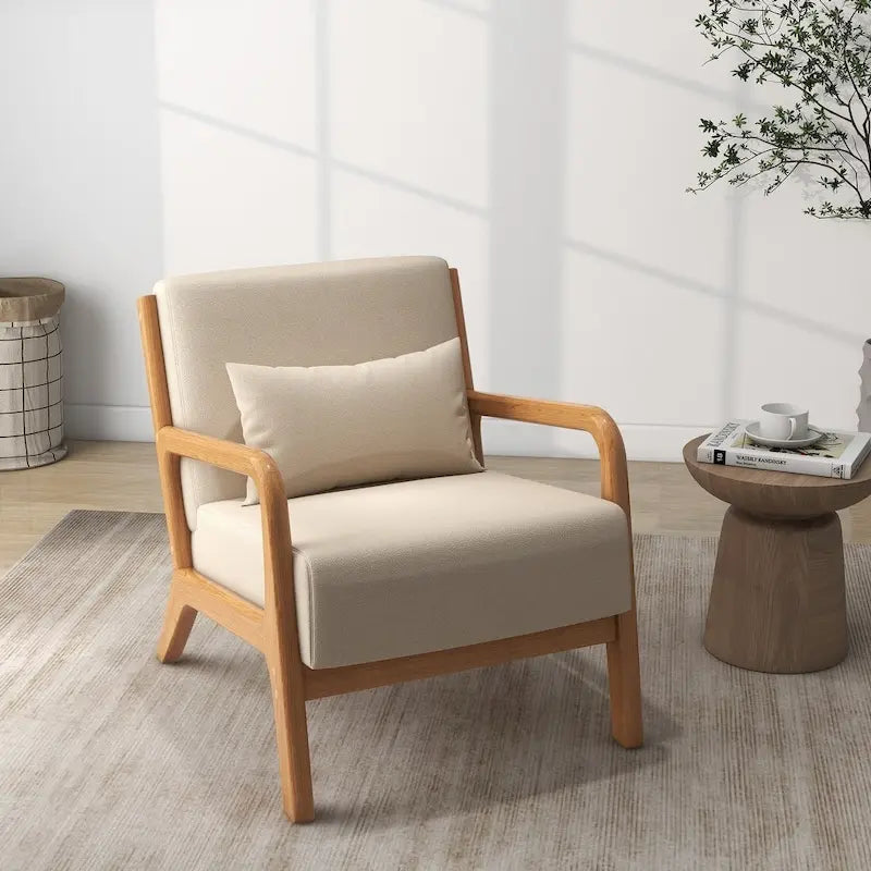 Fauteuil rembourré en tissu avec pieds en bois