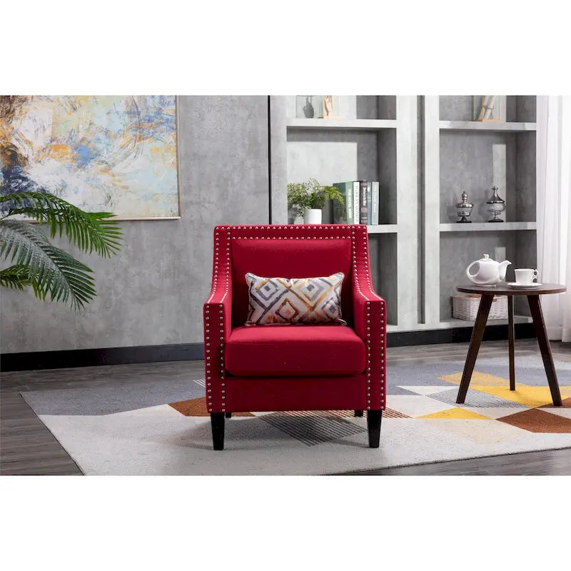 Fauteuil en tissu de lin avec clous décoratifs et pieds en bois massif