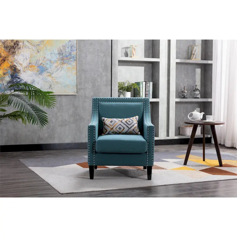 Fauteuil en tissu de lin avec clous décoratifs et pieds en bois massif