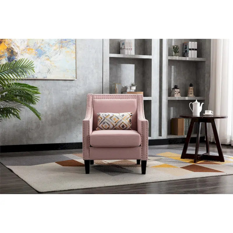 Fauteuil en tissu de lin avec clous décoratifs et pieds en bois massif