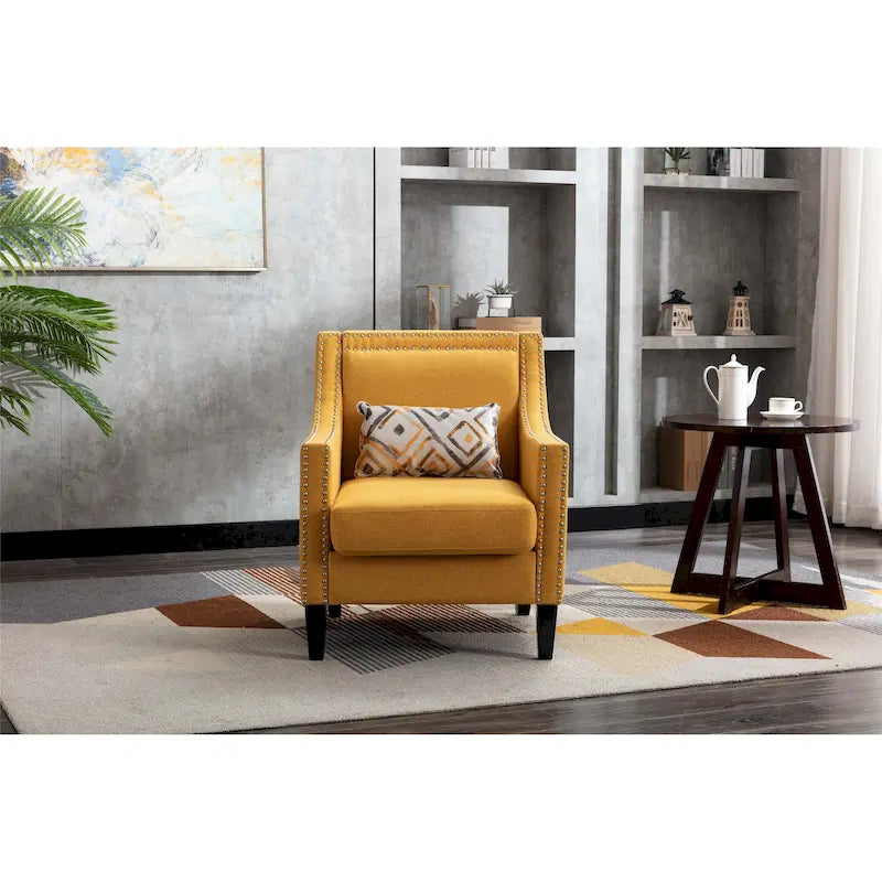 Fauteuil en tissu de lin avec clous décoratifs et pieds en bois massif