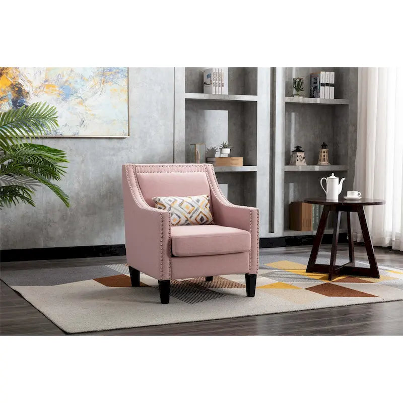 Fauteuil en tissu de lin avec clous décoratifs et pieds en bois massif