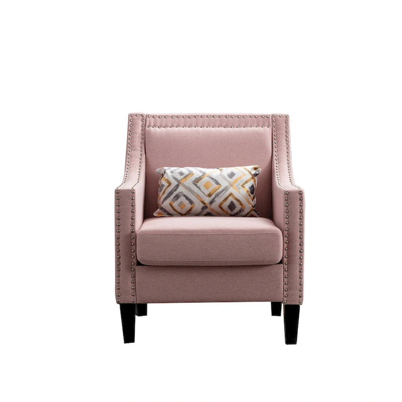 Fauteuil en tissu de lin avec clous décoratifs et pieds en bois massif