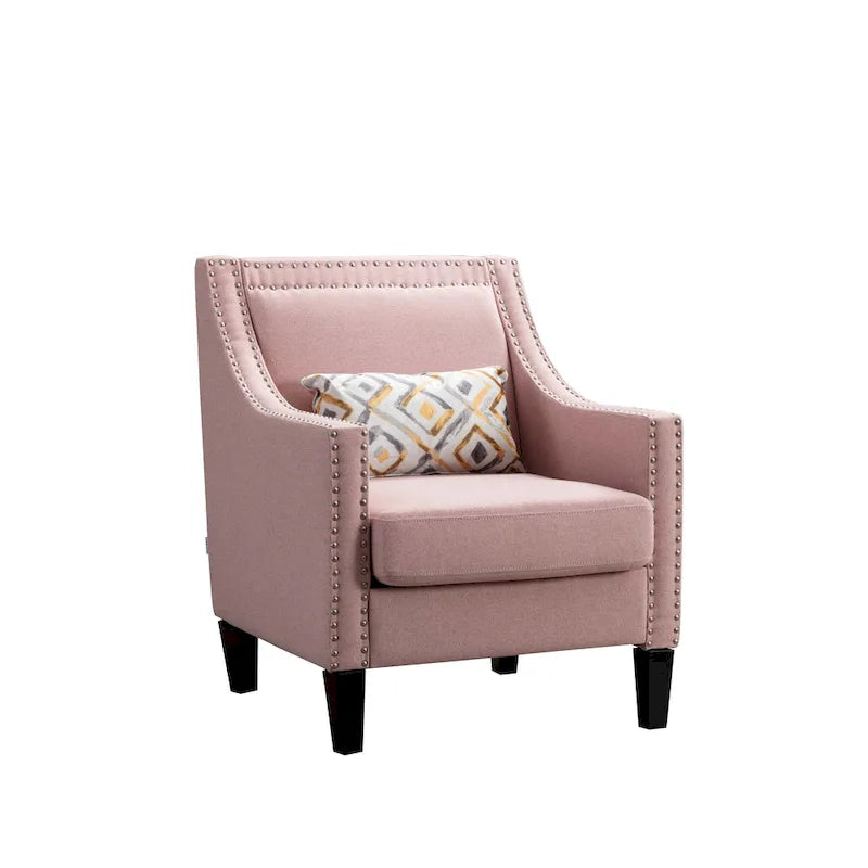 Fauteuil en tissu de lin avec clous décoratifs et pieds en bois massif