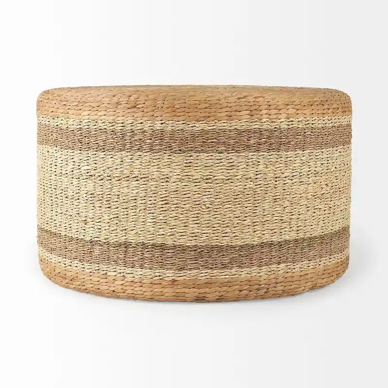Pouf rond en jonc de mer rayé marron