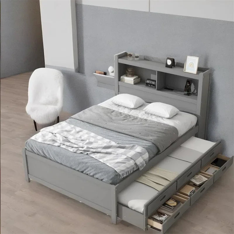 Lit plateforme double avec lit gigogne, tiroirs de rangement et ports USB