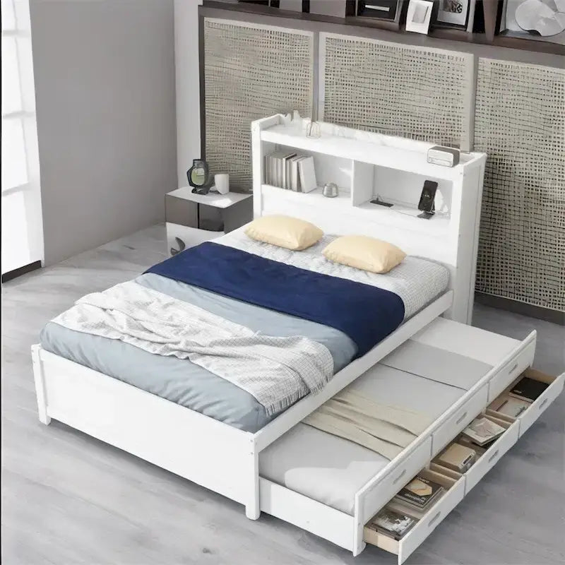 Lit plateforme double avec lit gigogne, tiroirs de rangement et ports USB