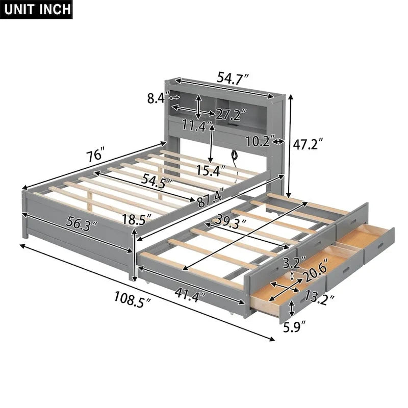 Lit plateforme double avec lit gigogne, tiroirs de rangement et ports USB