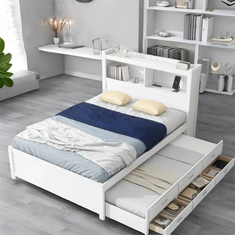 Lit plateforme double avec lit gigogne, tiroirs de rangement et ports USB