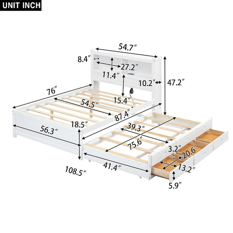 Lit plateforme double avec lit gigogne, tiroirs de rangement et ports USB