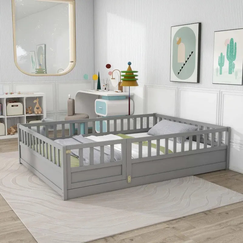 Lit au sol pour enfant avec cadre clôturé – Grand lit double et lit simple