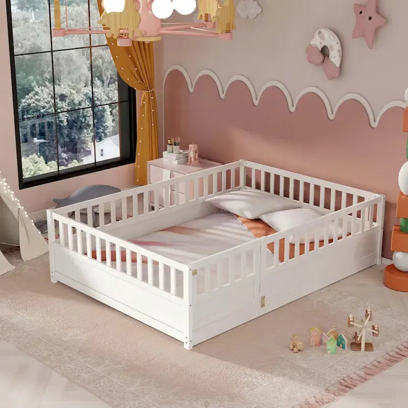 Lit au sol pour enfant avec cadre clôturé – Grand lit double et lit simple