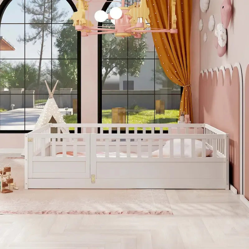 Lit au sol pour enfant avec cadre clôturé – Grand lit double et lit simple