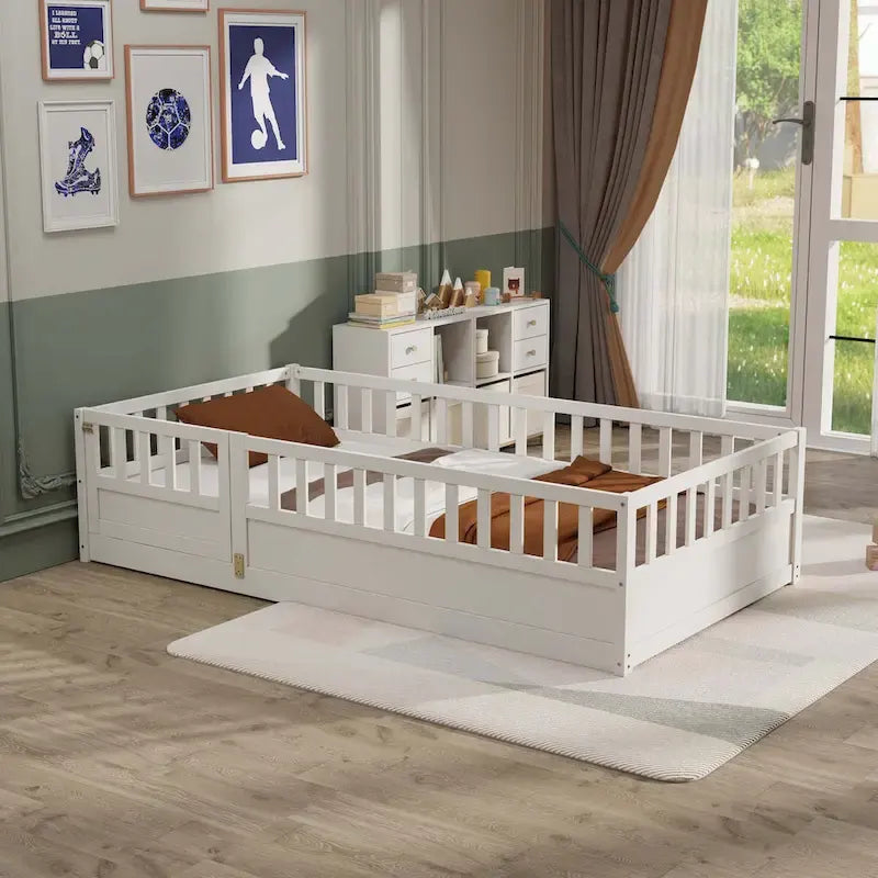 Lit au sol pour enfant avec cadre clôturé – Grand lit double et lit simple