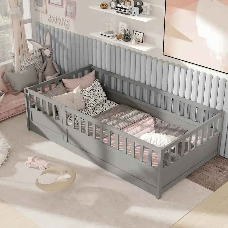 Lit au sol pour enfant avec cadre clôturé – Grand lit double et lit simple